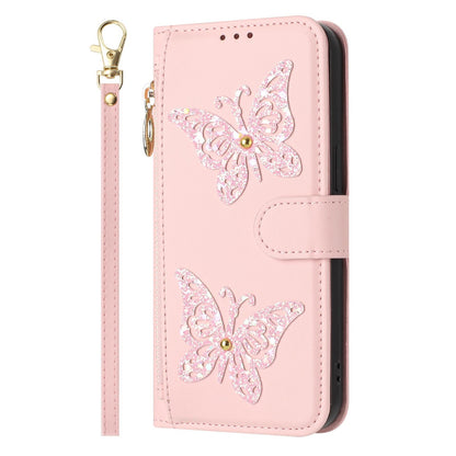 For Redmi K90 Pro Max / Poco F8 Ultra Glitter Butterfly Zipper Vegan Leather Phone Case with Wrist Strap(Pink)