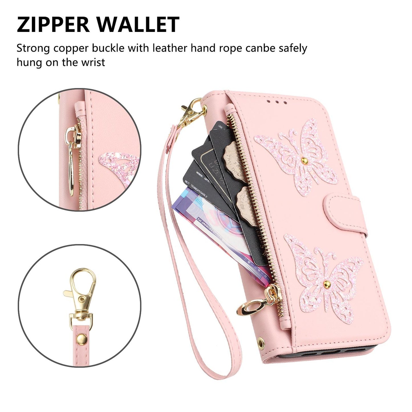 For Redmi K90 Pro Max / Poco F8 Ultra Glitter Butterfly Zipper Vegan Leather Phone Case with Wrist Strap(Pink)