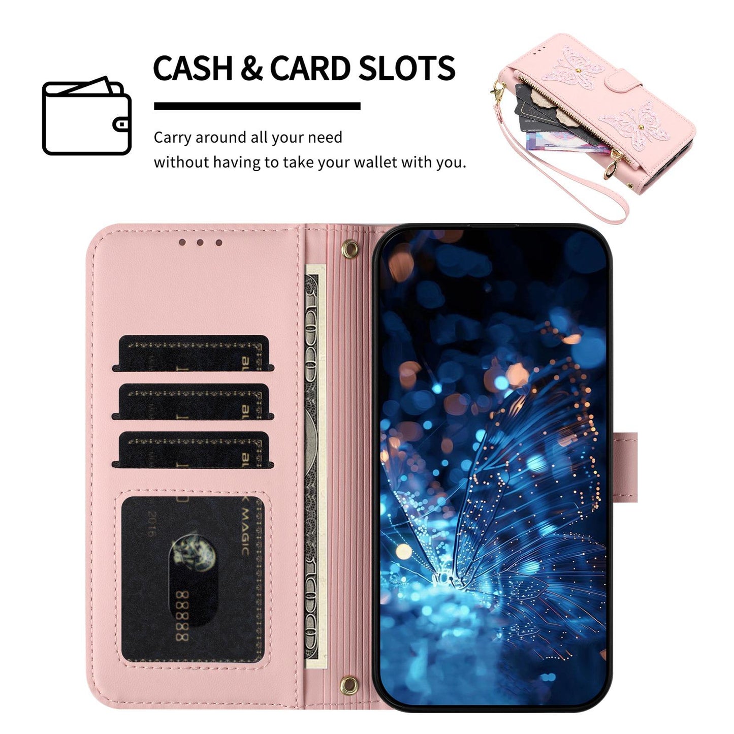 For Redmi K90 Pro Max / Poco F8 Ultra Glitter Butterfly Zipper Vegan Leather Phone Case with Wrist Strap(Pink)