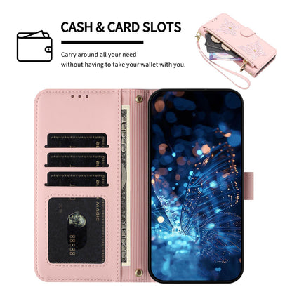 For Redmi K90 Pro Max / Poco F8 Ultra Glitter Butterfly Zipper Vegan Leather Phone Case with Wrist Strap(Pink)