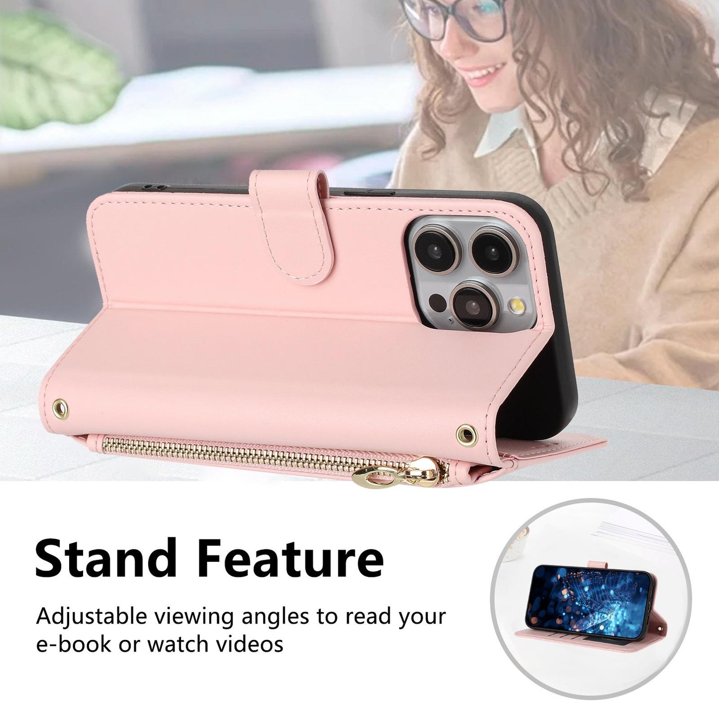 For Redmi K90 Pro Max / Poco F8 Ultra Glitter Butterfly Zipper Vegan Leather Phone Case with Wrist Strap(Pink)