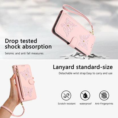 For Redmi K90 Pro Max / Poco F8 Ultra Glitter Butterfly Zipper Vegan Leather Phone Case with Wrist Strap(Pink)