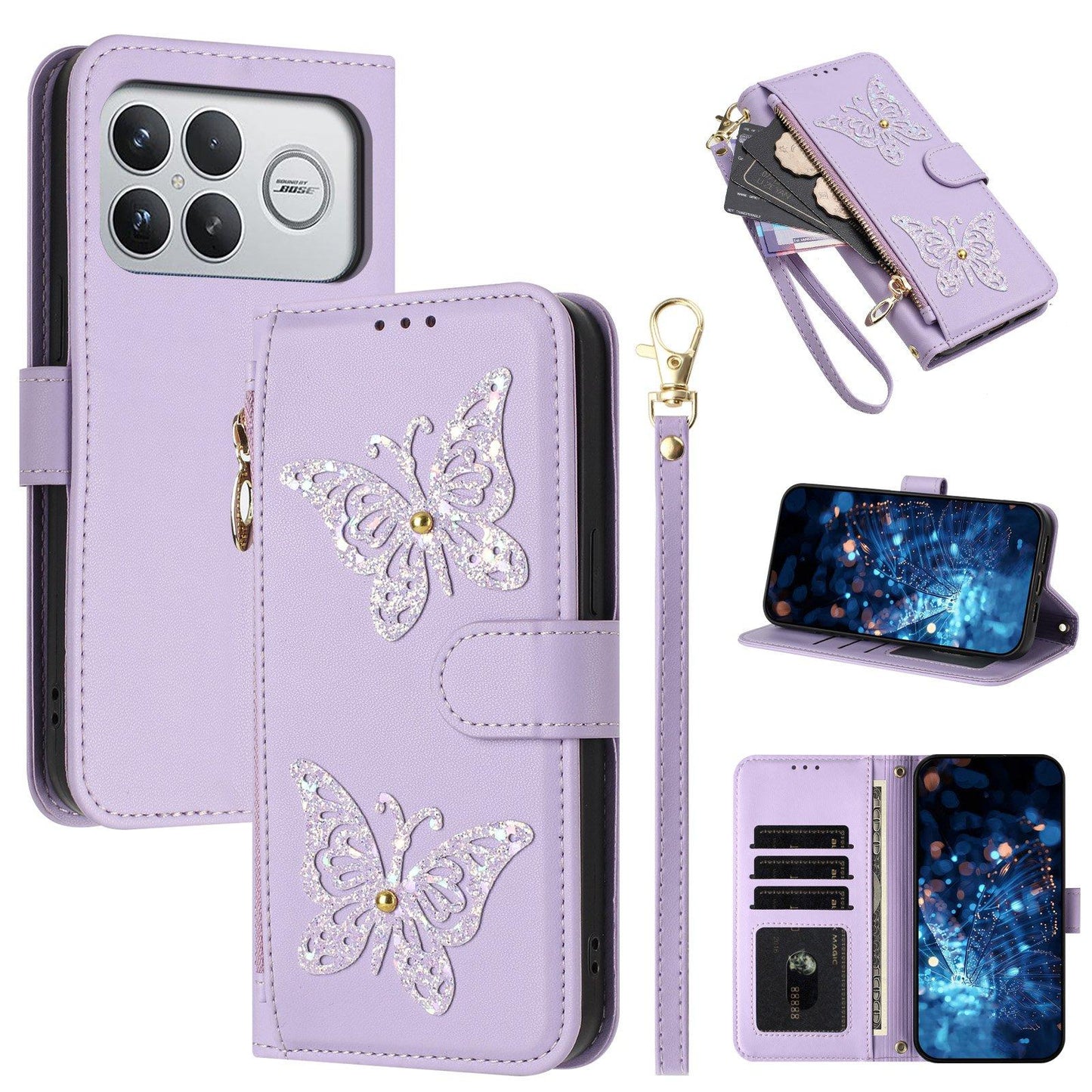 For Redmi K90 Pro Max / Poco F8 Ultra Glitter Butterfly Zipper Vegan Leather Phone Case with Wrist Strap(Purple)