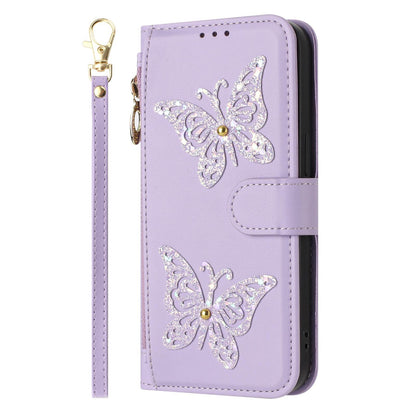 For Redmi K90 Pro Max / Poco F8 Ultra Glitter Butterfly Zipper Vegan Leather Phone Case with Wrist Strap(Purple)