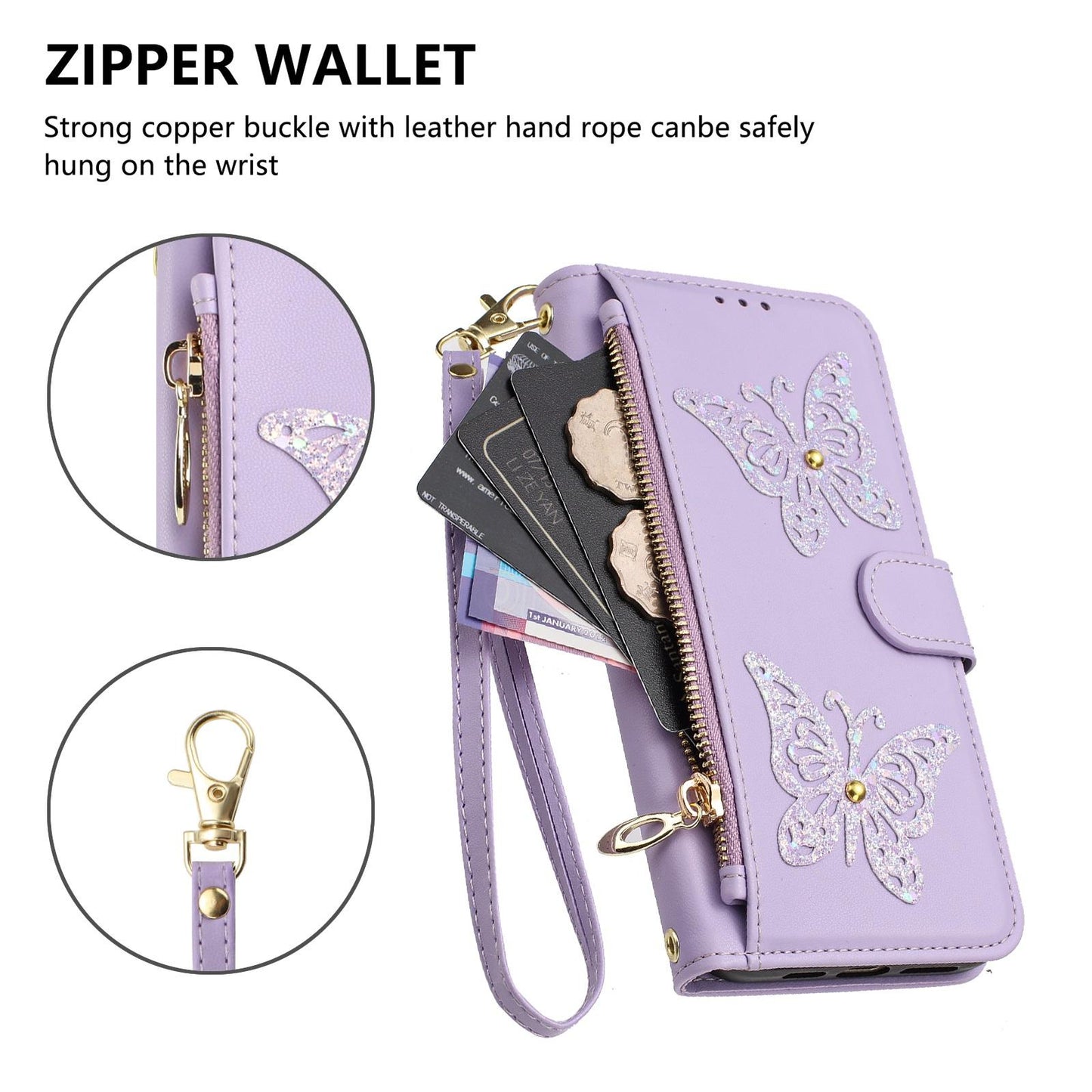 For Redmi K90 Pro Max / Poco F8 Ultra Glitter Butterfly Zipper Vegan Leather Phone Case with Wrist Strap(Purple)