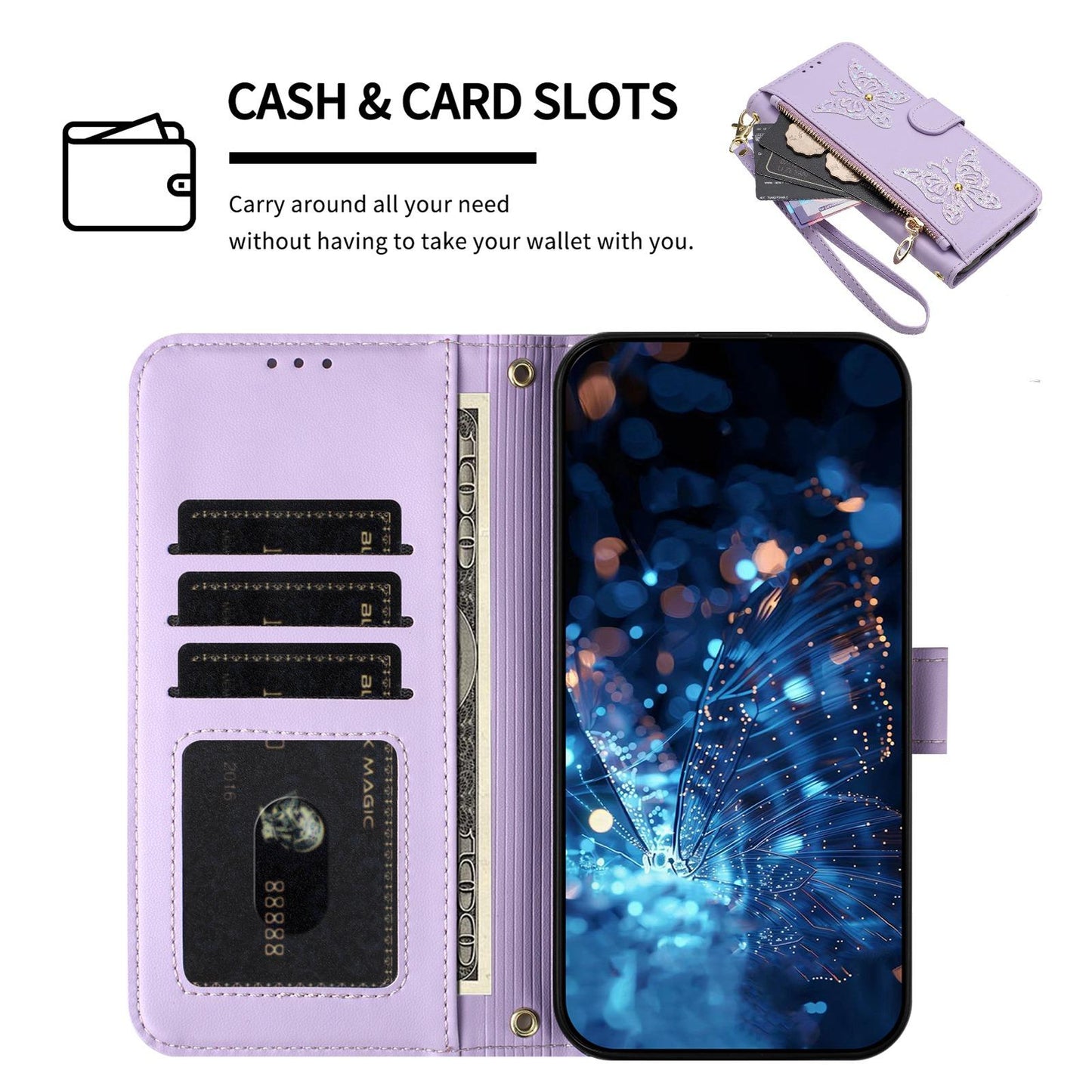 For Redmi K90 Pro Max / Poco F8 Ultra Glitter Butterfly Zipper Vegan Leather Phone Case with Wrist Strap(Purple)