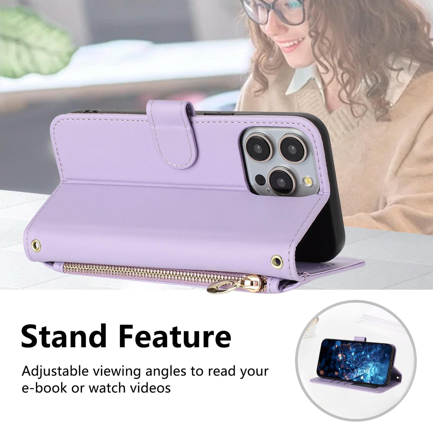 For Redmi K90 Pro Max / Poco F8 Ultra Glitter Butterfly Zipper Vegan Leather Phone Case with Wrist Strap(Purple)