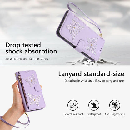 For Redmi K90 Pro Max / Poco F8 Ultra Glitter Butterfly Zipper Vegan Leather Phone Case with Wrist Strap(Purple)