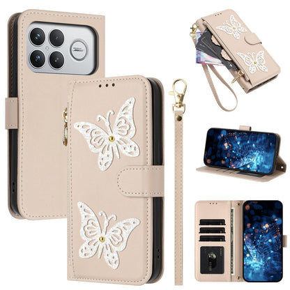 For Redmi K90 Pro Max / Poco F8 Ultra Glitter Butterfly Zipper Vegan Leather Phone Case with Wrist Strap(Apricot)