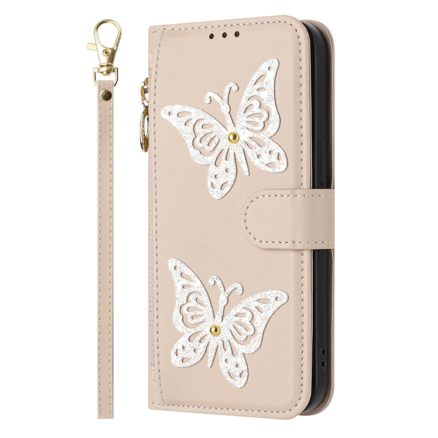 For Redmi K90 Pro Max / Poco F8 Ultra Glitter Butterfly Zipper Vegan Leather Phone Case with Wrist Strap(Apricot)