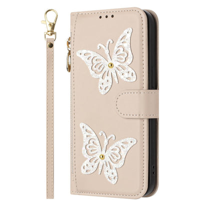 For Redmi K90 Pro Max / Poco F8 Ultra Glitter Butterfly Zipper Vegan Leather Phone Case with Wrist Strap(Apricot)