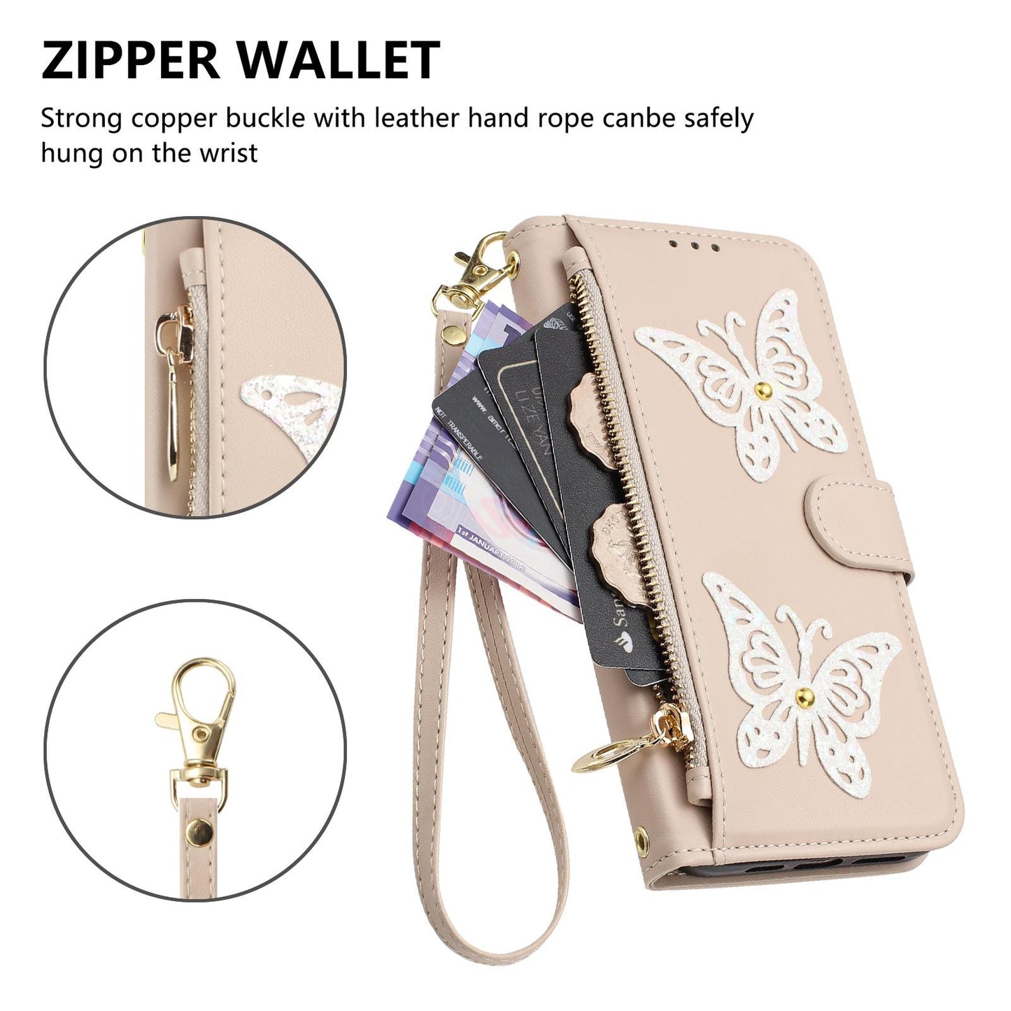 For Redmi K90 Pro Max / Poco F8 Ultra Glitter Butterfly Zipper Vegan Leather Phone Case with Wrist Strap(Apricot)