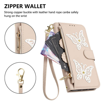 For Redmi K90 Pro Max / Poco F8 Ultra Glitter Butterfly Zipper Vegan Leather Phone Case with Wrist Strap(Apricot)