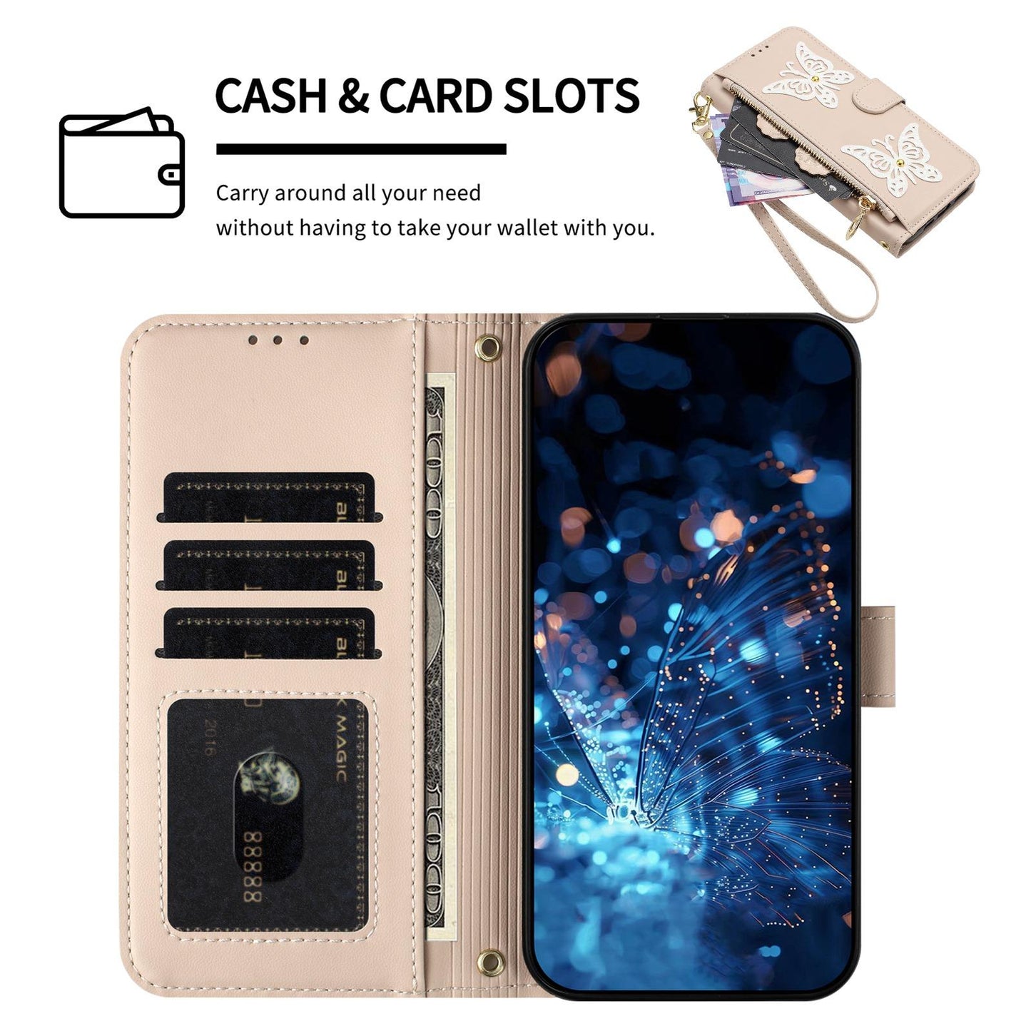 For Redmi K90 Pro Max / Poco F8 Ultra Glitter Butterfly Zipper Vegan Leather Phone Case with Wrist Strap(Apricot)