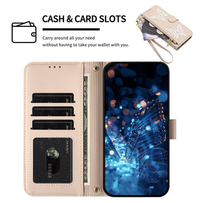 For Redmi K90 Pro Max / Poco F8 Ultra Glitter Butterfly Zipper Vegan Leather Phone Case with Wrist Strap(Apricot)