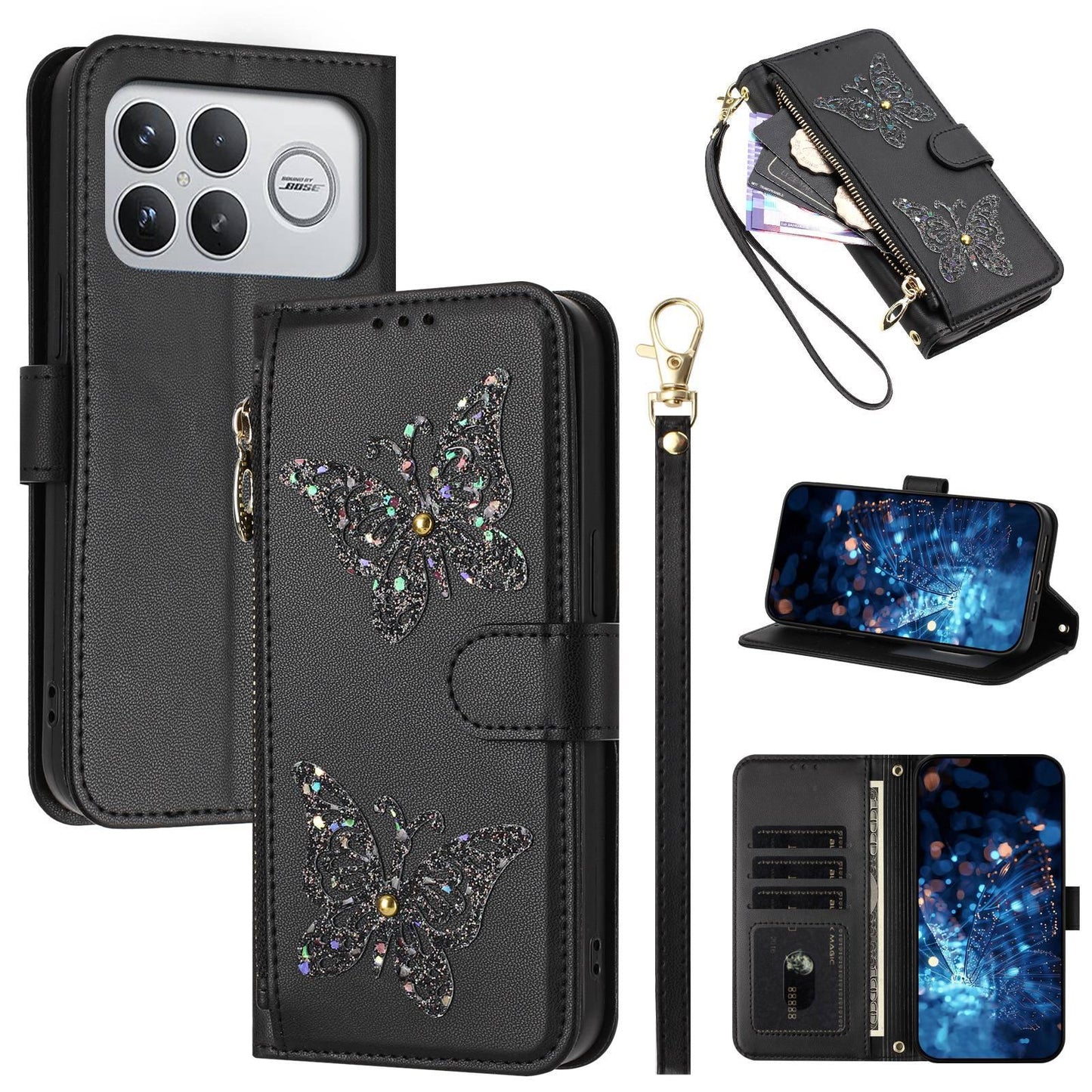For Redmi K90 Pro Max / Poco F8 Ultra Glitter Butterfly Zipper Vegan Leather Phone Case with Wrist Strap(Black)