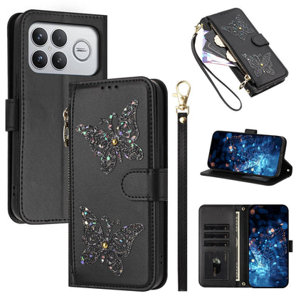 For Redmi K90 Pro Max / Poco F8 Ultra Glitter Butterfly Zipper Vegan Leather Phone Case with Wrist Strap(Black)