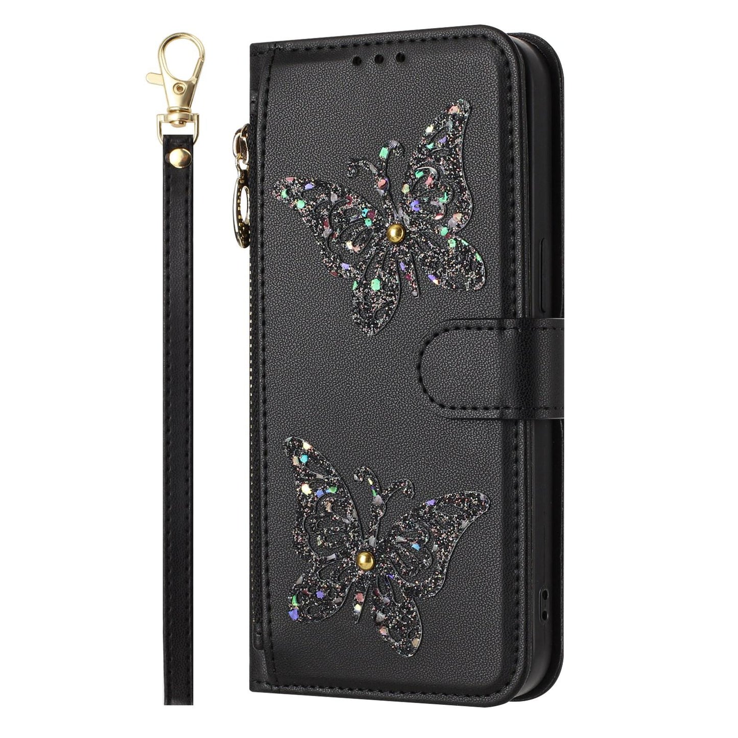 For Redmi K90 Pro Max / Poco F8 Ultra Glitter Butterfly Zipper Vegan Leather Phone Case with Wrist Strap(Black)