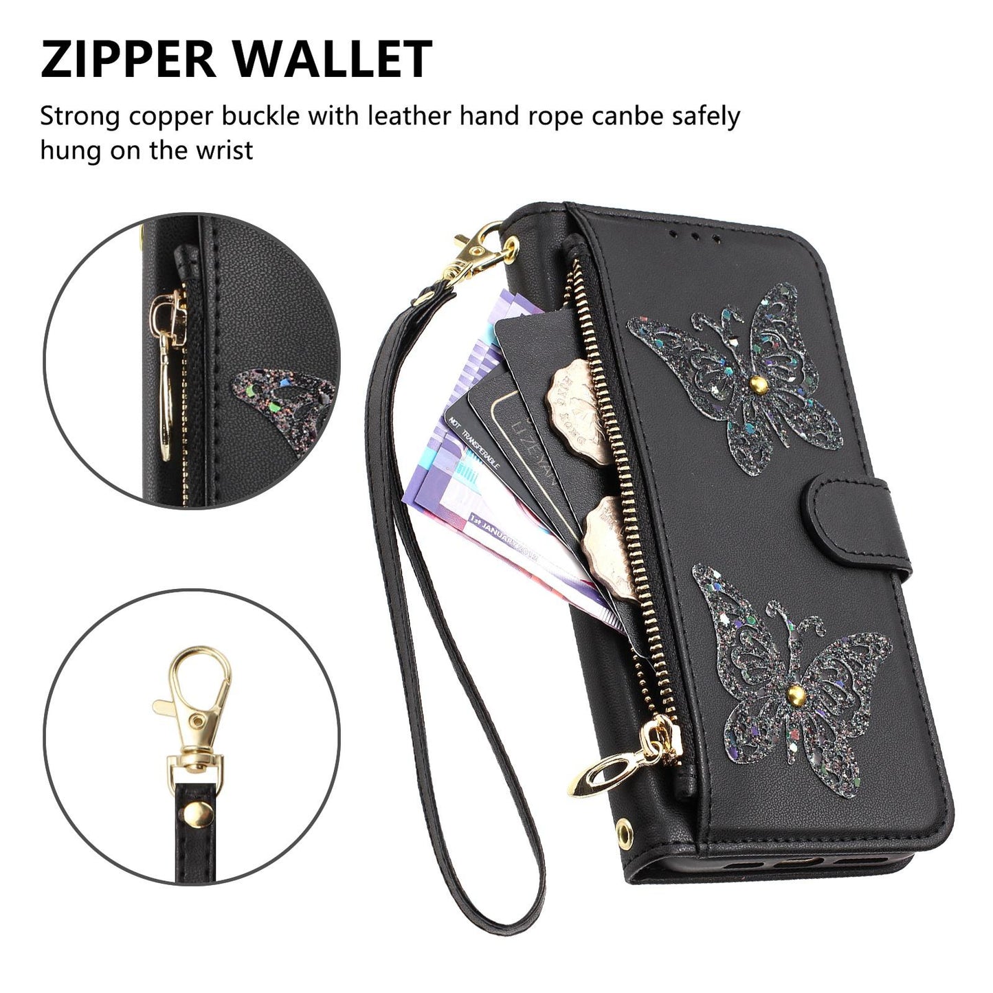 For Redmi K90 Pro Max / Poco F8 Ultra Glitter Butterfly Zipper Vegan Leather Phone Case with Wrist Strap(Black)