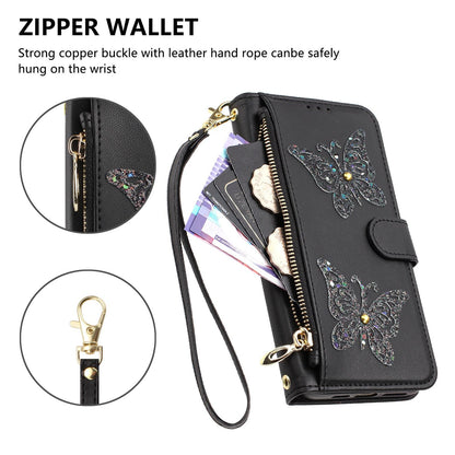 For Redmi K90 Pro Max / Poco F8 Ultra Glitter Butterfly Zipper Vegan Leather Phone Case with Wrist Strap(Black)
