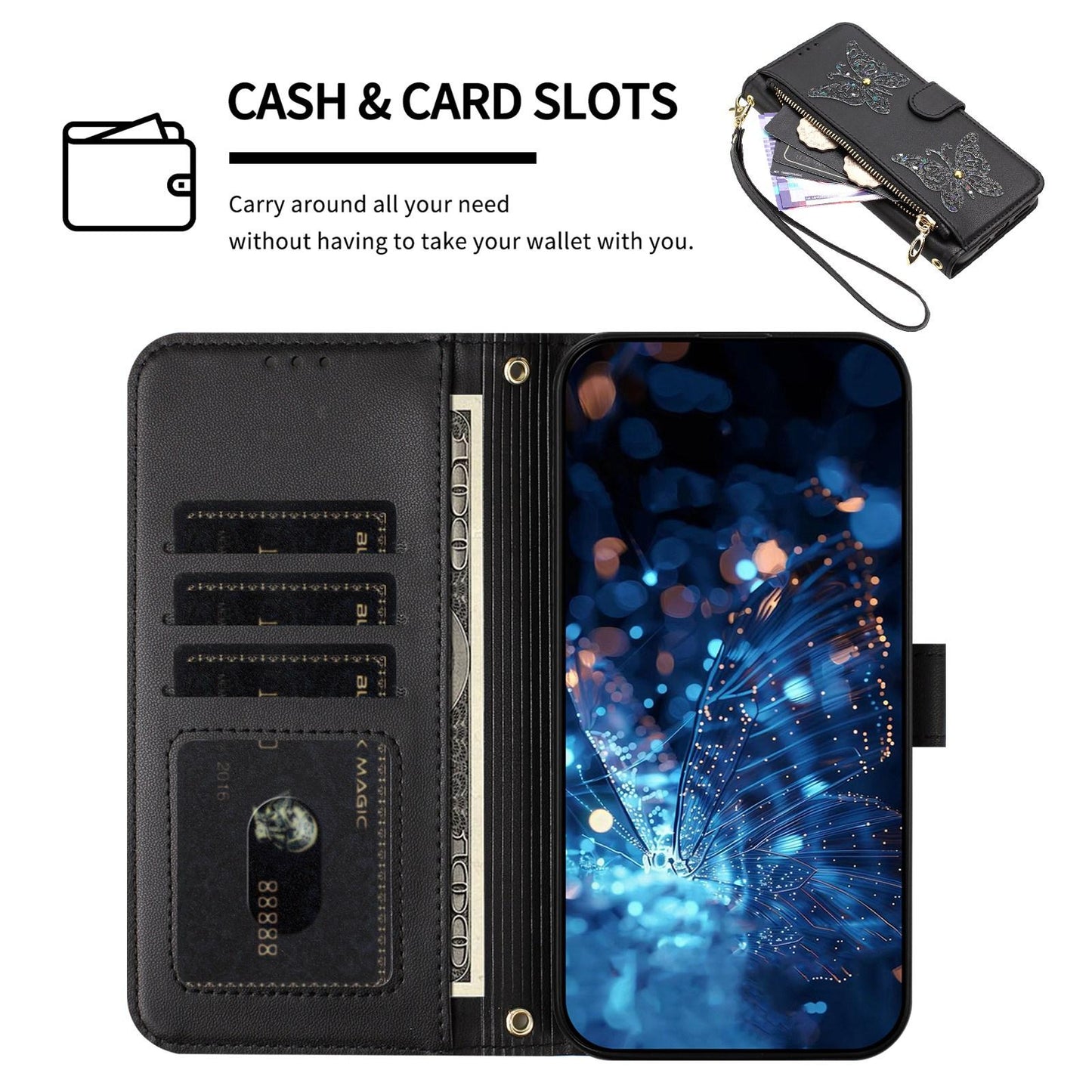 For Redmi K90 Pro Max / Poco F8 Ultra Glitter Butterfly Zipper Vegan Leather Phone Case with Wrist Strap(Black)