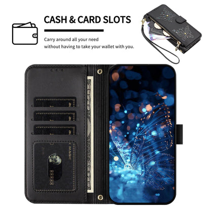 For Redmi K90 Pro Max / Poco F8 Ultra Glitter Butterfly Zipper Vegan Leather Phone Case with Wrist Strap(Black)