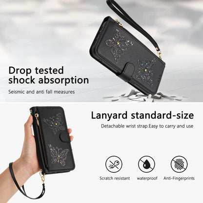 For Redmi K90 Pro Max / Poco F8 Ultra Glitter Butterfly Zipper Vegan Leather Phone Case with Wrist Strap(Black)