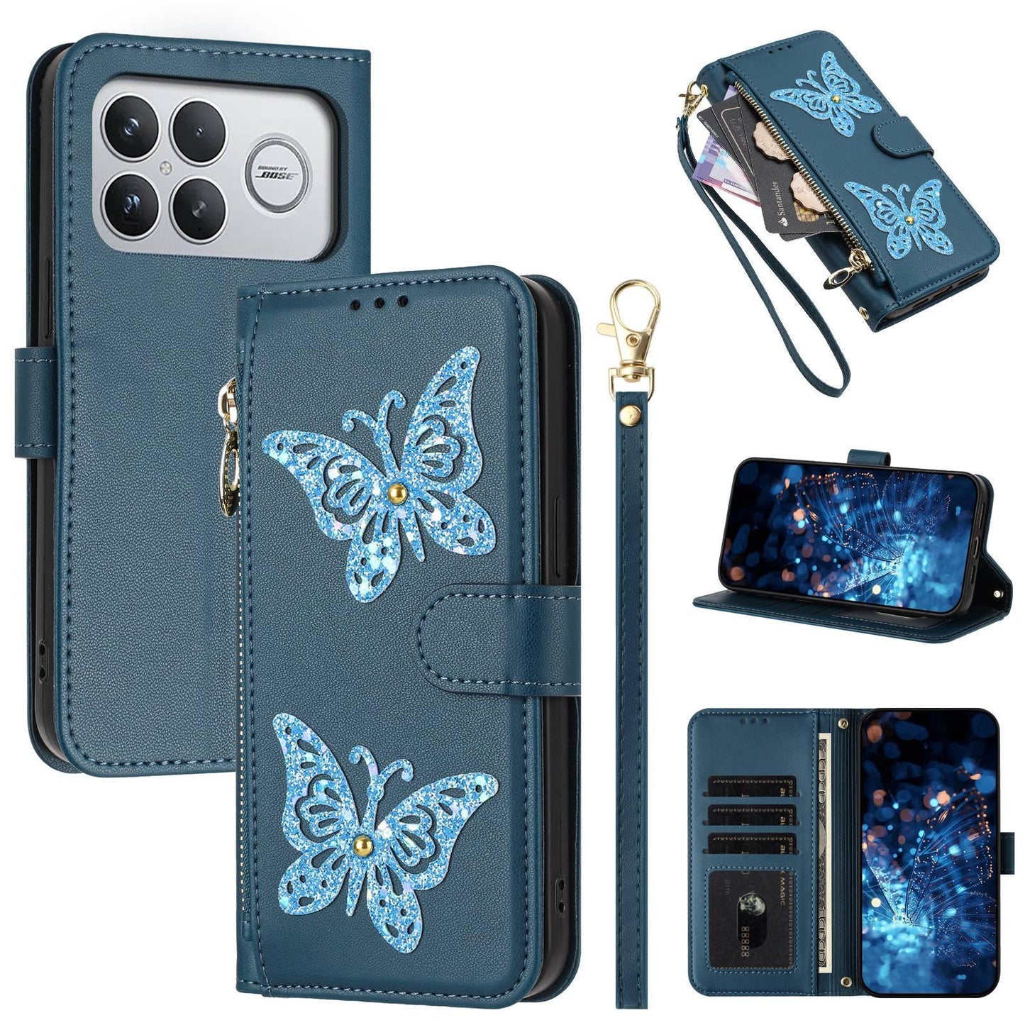 For Redmi K90 Pro Max / Poco F8 Ultra Glitter Butterfly Zipper Vegan Leather Phone Case with Wrist Strap(Blue)