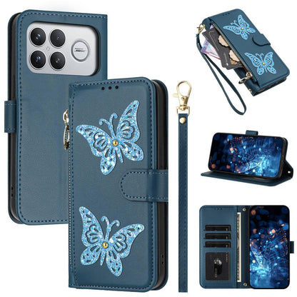 For Redmi K90 Pro Max / Poco F8 Ultra Glitter Butterfly Zipper Vegan Leather Phone Case with Wrist Strap(Blue)