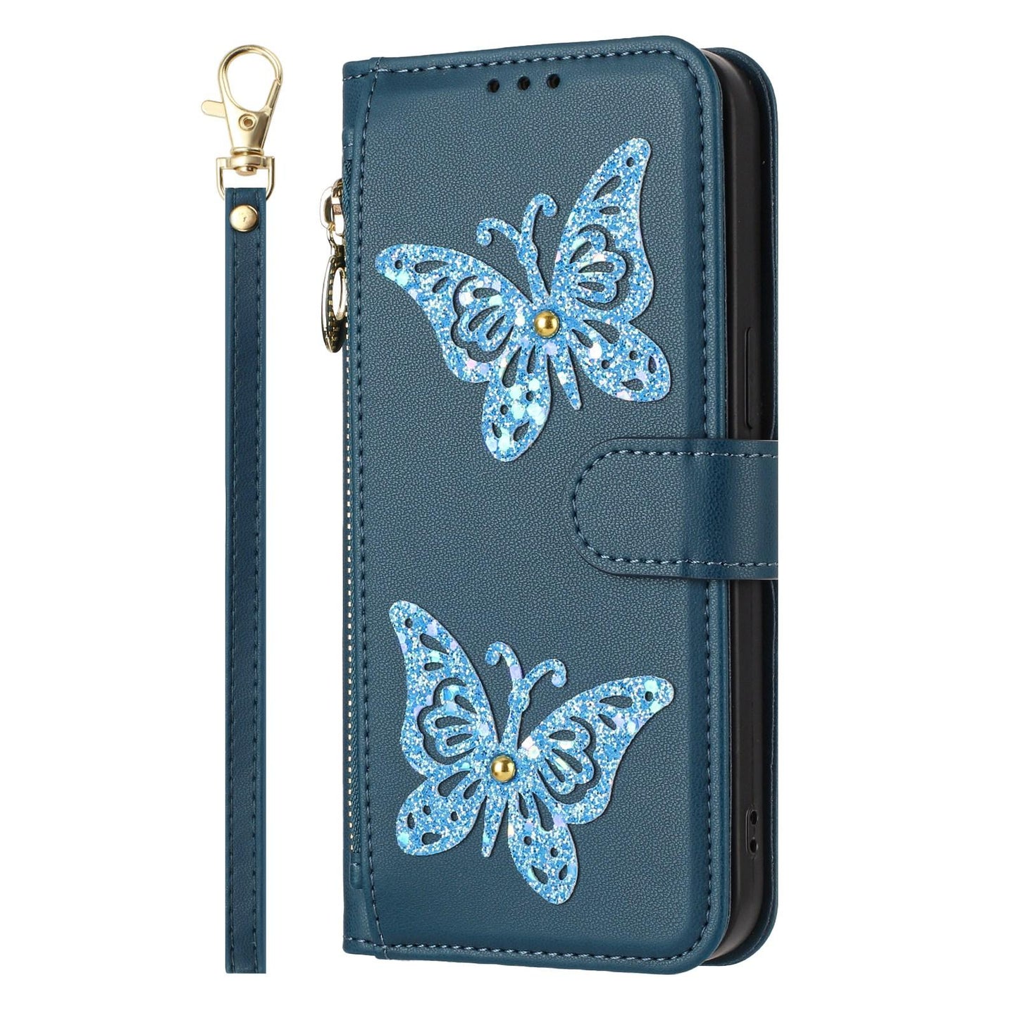 For Redmi K90 Pro Max / Poco F8 Ultra Glitter Butterfly Zipper Vegan Leather Phone Case with Wrist Strap(Blue)