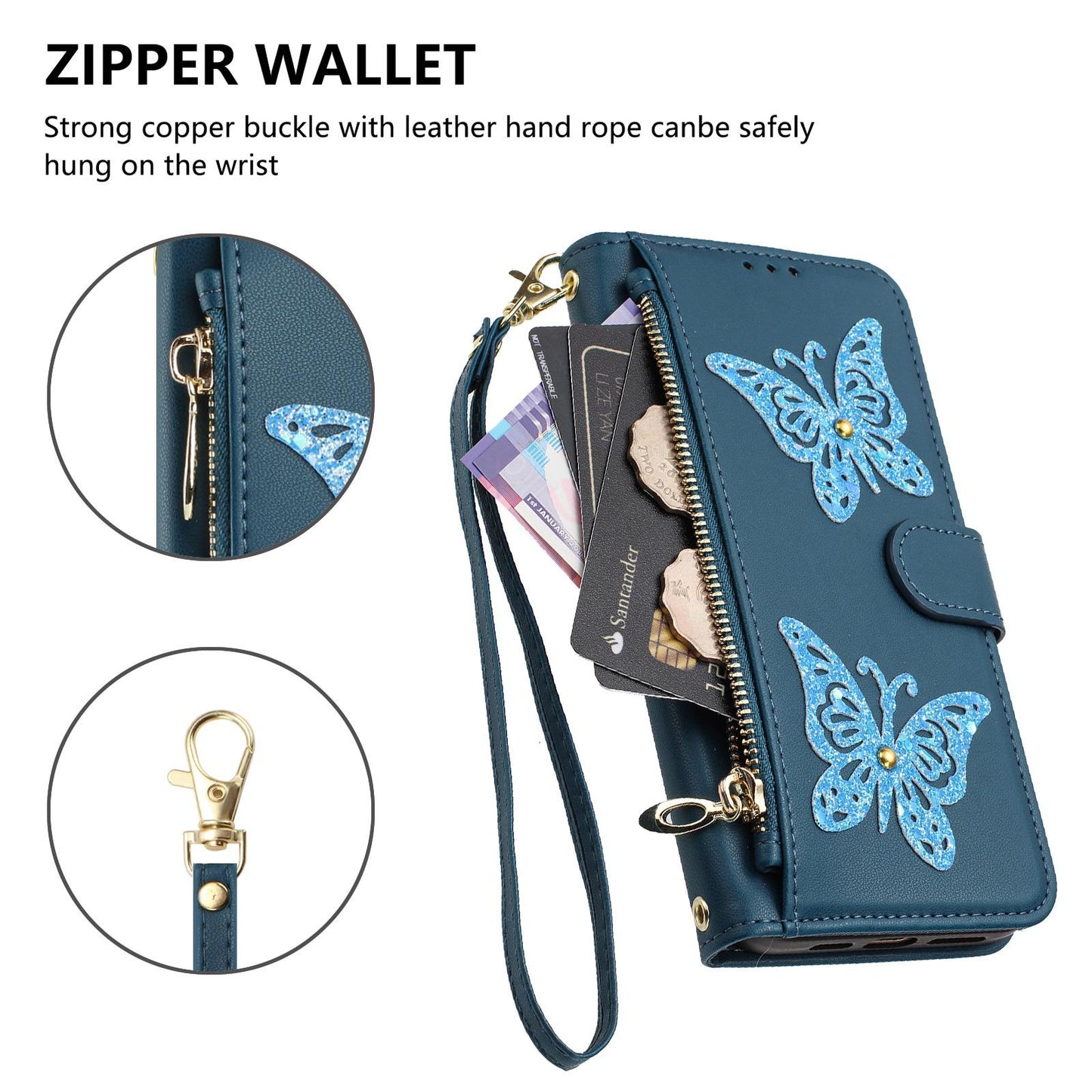 For Redmi K90 Pro Max / Poco F8 Ultra Glitter Butterfly Zipper Vegan Leather Phone Case with Wrist Strap(Blue)