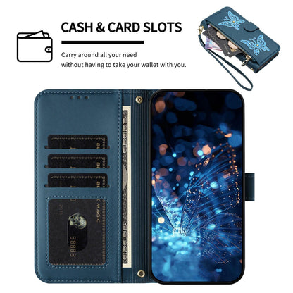 For Redmi K90 Pro Max / Poco F8 Ultra Glitter Butterfly Zipper Vegan Leather Phone Case with Wrist Strap(Blue)