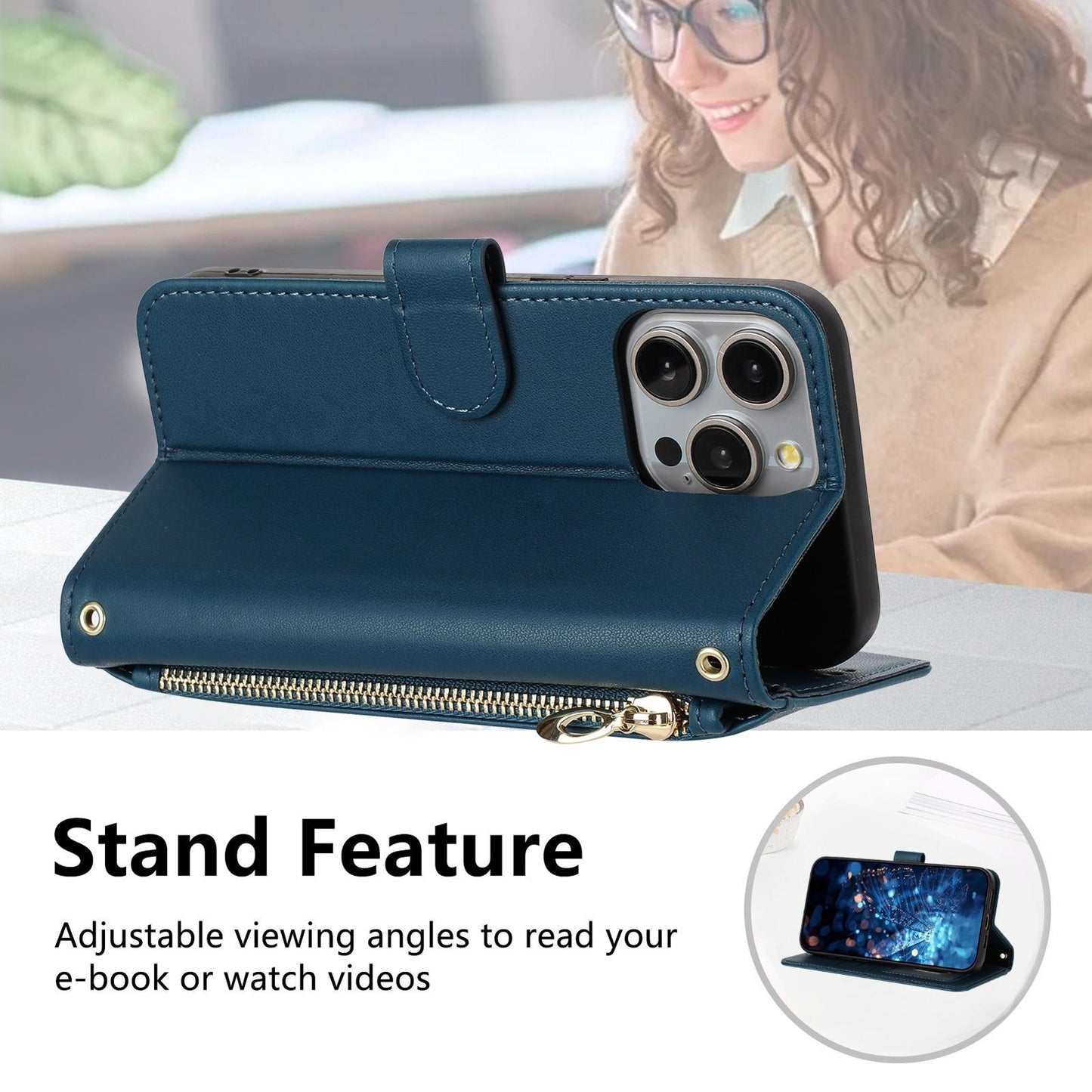 For Redmi K90 Pro Max / Poco F8 Ultra Glitter Butterfly Zipper Vegan Leather Phone Case with Wrist Strap(Blue)