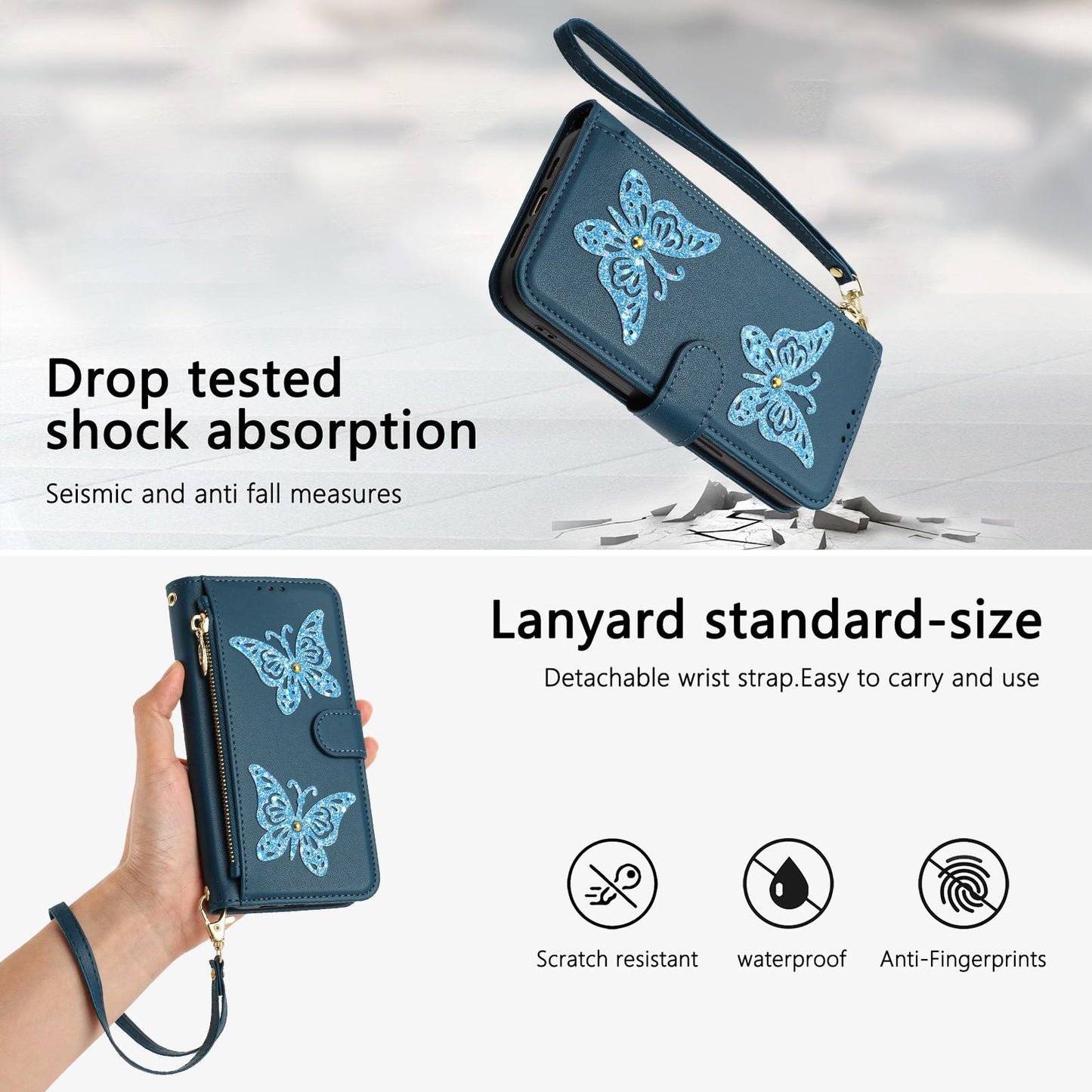 For Redmi K90 Pro Max / Poco F8 Ultra Glitter Butterfly Zipper Vegan Leather Phone Case with Wrist Strap(Blue)