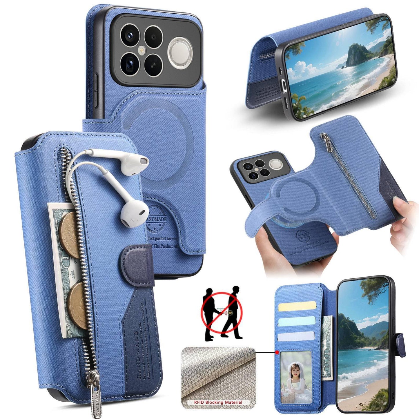 For Redmi K90 Pro Max / Poco F8 Ultra Twill Fabric MagSafe RFID Anti-theft Zipper Wallet Leather Phone Case(Dark Blue)