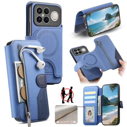 For Redmi K90 Pro Max / Poco F8 Ultra Twill Fabric MagSafe RFID Anti-theft Zipper Wallet Leather Phone Case(Dark Blue)
