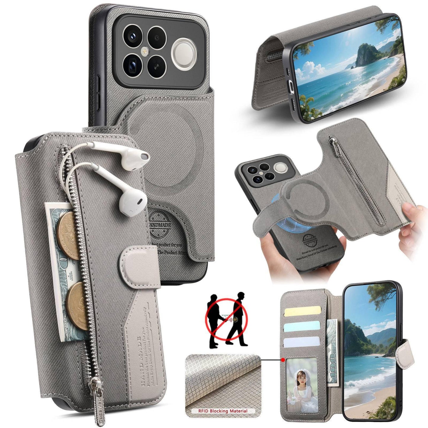 For Redmi K90 Pro Max / Poco F8 Ultra Twill Fabric MagSafe RFID Anti-theft Zipper Wallet Leather Phone Case(Grey)