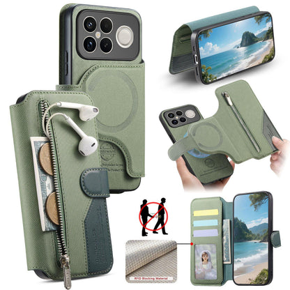 For Redmi K90 Pro Max / Poco F8 Ultra Twill Fabric MagSafe RFID Anti-theft Zipper Wallet Leather Phone Case(Green)