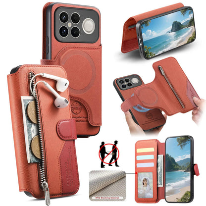 For Redmi K90 Pro Max / Poco F8 Ultra Twill Fabric MagSafe RFID Anti-theft Zipper Wallet Leather Phone Case(Orange)