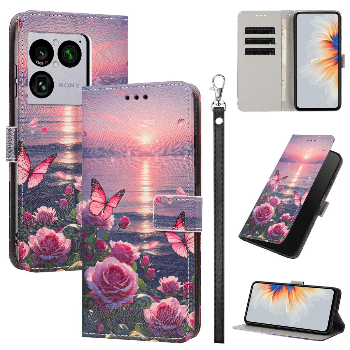 For Sony Xperia 1 VIII Painted Pattern Vegan Leather Phone Case with Strap - Rose Butterfly - EDA009438308A