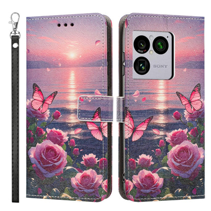 For Sony Xperia 1 VIII Painted Pattern Vegan Leather Phone Case with Strap - Rose Butterfly - EDA009438308A