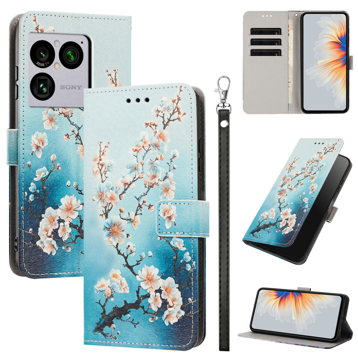 For Sony Xperia 1 VIII Painted Pattern Vegan Leather Phone Case with Strap - Plum Blossom - EDA009438308B