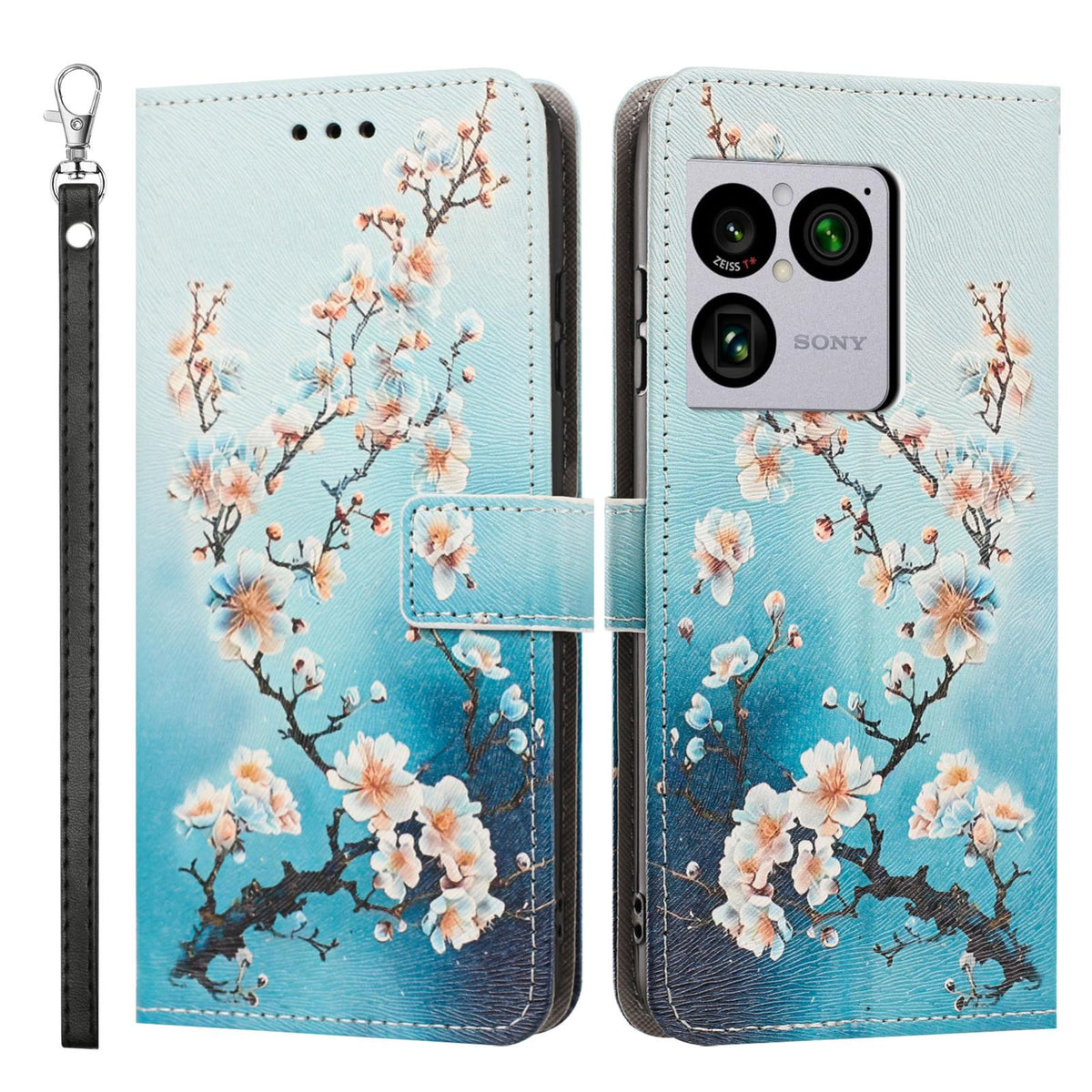 For Sony Xperia 1 VIII Painted Pattern Vegan Leather Phone Case with Strap - Plum Blossom - EDA009438308B