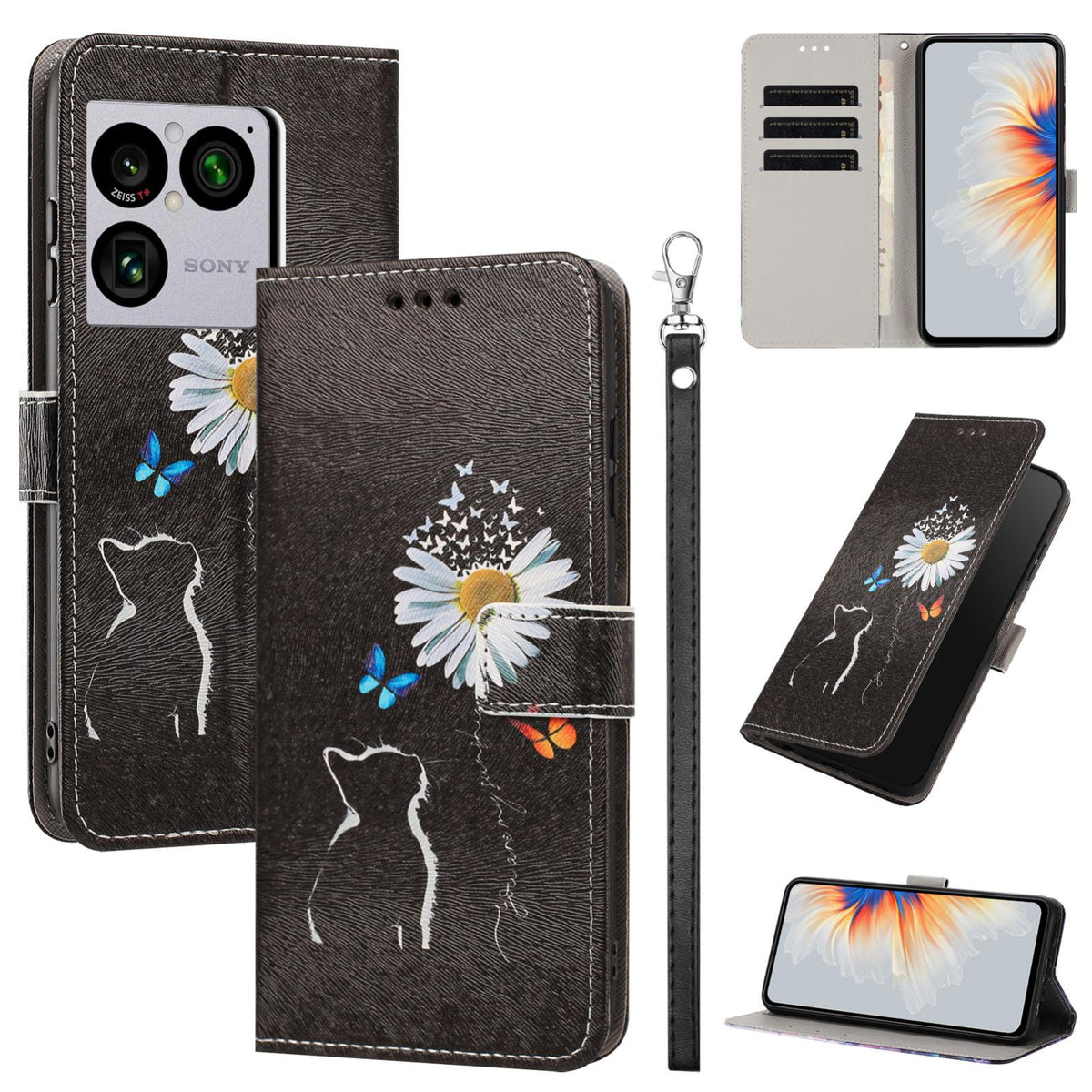 For Sony Xperia 1 VIII Painted Pattern Vegan Leather Phone Case with Strap - Daisy Cat - EDA009438308D