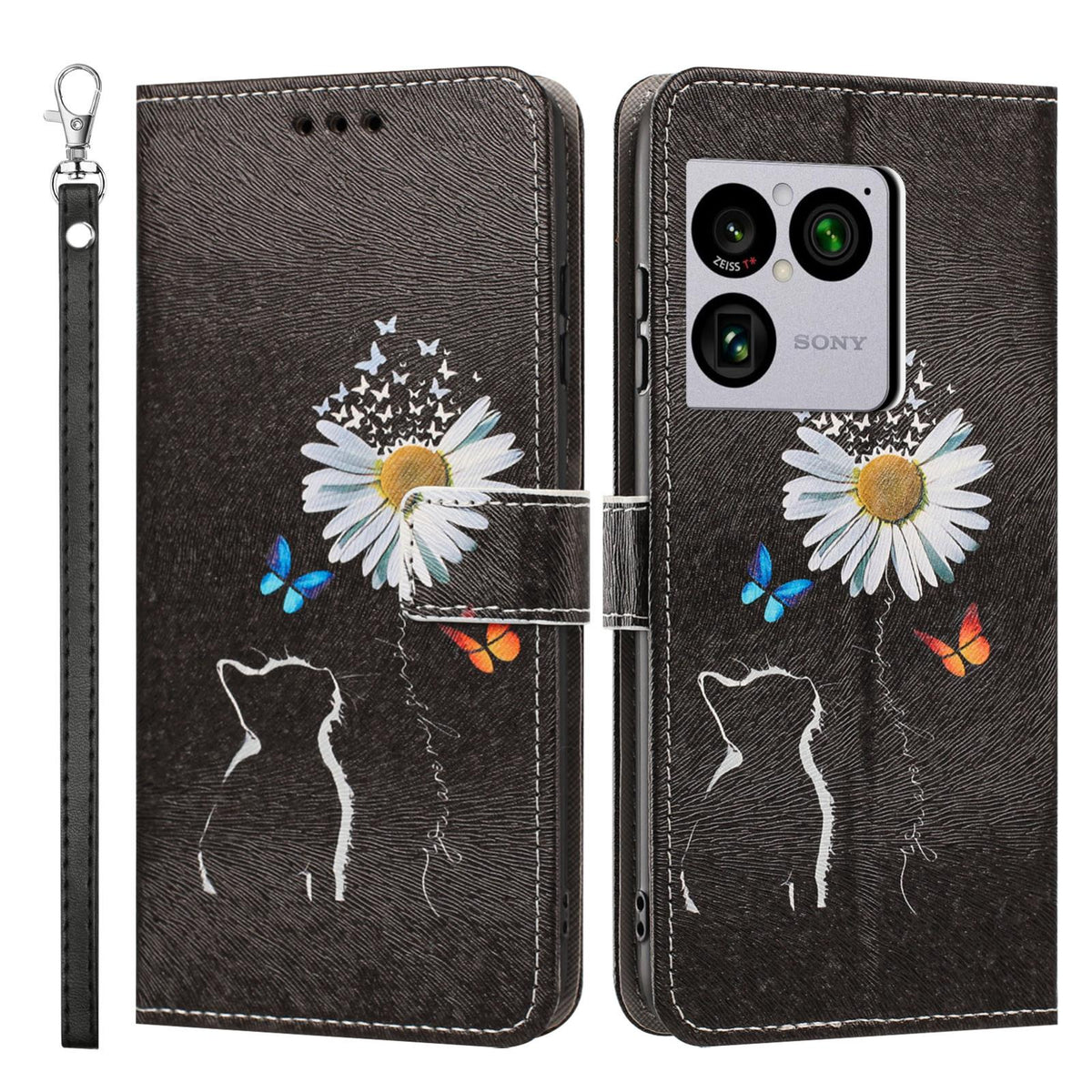 For Sony Xperia 1 VIII Painted Pattern Vegan Leather Phone Case with Strap - Daisy Cat - EDA009438308D