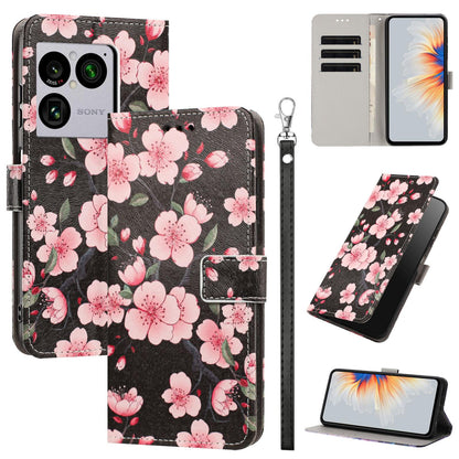 For Sony Xperia 1 VIII Painted Pattern Vegan Leather Phone Case with Strap - Sakura - EDA009438308E