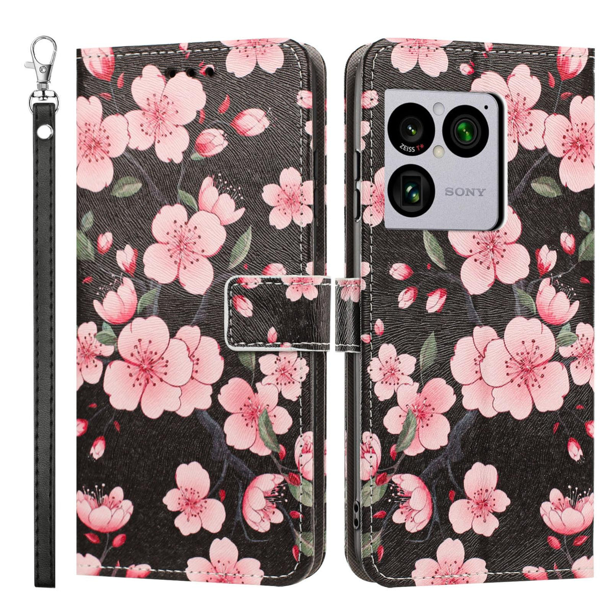 For Sony Xperia 1 VIII Painted Pattern Vegan Leather Phone Case with Strap - Sakura - EDA009438308E