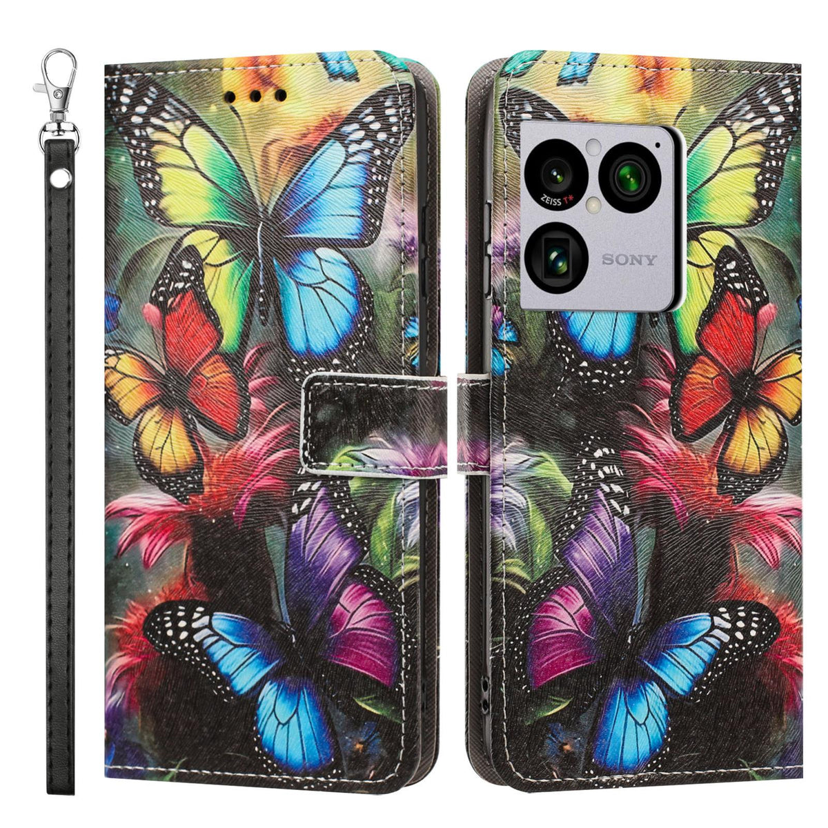 For Sony Xperia 1 VIII Painted Pattern Vegan Leather Phone Case with Strap - Colorful Butterfly - EDA009438308F