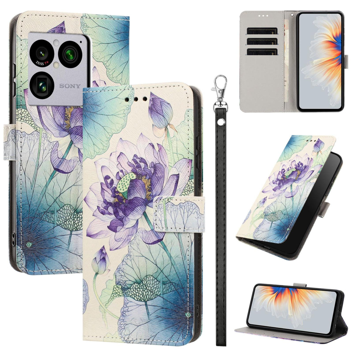 For Sony Xperia 1 VIII Painted Pattern Vegan Leather Phone Case with Strap - Purple Lotus - EDA009438308H