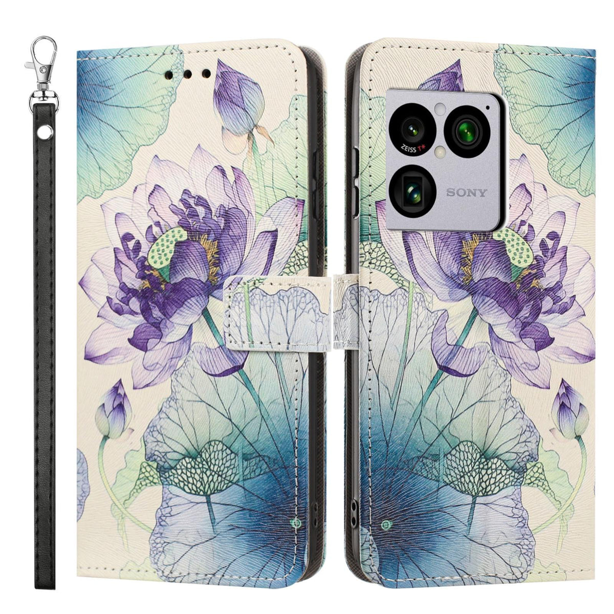 For Sony Xperia 1 VIII Painted Pattern Vegan Leather Phone Case with Strap - Purple Lotus - EDA009438308H